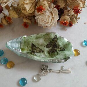 Oyster Shell Butterfly Ring Trinket Dish, Silver Teal and Green, Handmade Gift